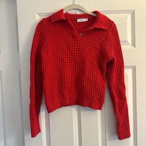 Onia Bright Red Waffle V-Neck Polo Sweater